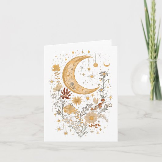 Celestial Moon and Wildflower Greeting Card – Boho Karte (Vorderseite)