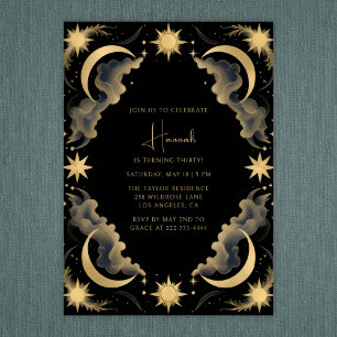 Celestial Moon Black Gold Tarot Birthday Einladung