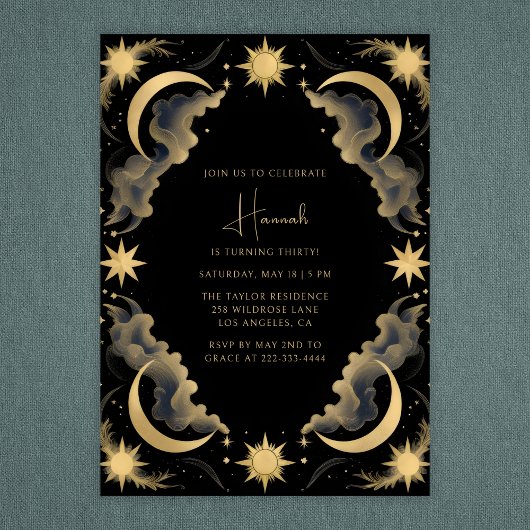 Celestial Moon Black Gold Tarot Birthday Einladung