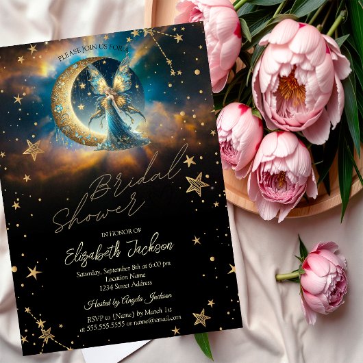 Celestial Moon Blue Fairy Stars Bridal Shower Einladung