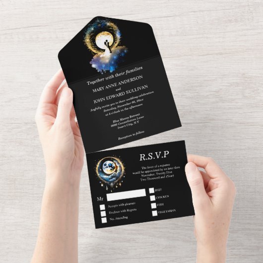 Celestial Moon Bridal Pärchen Silhouette Sterne All In One Einladung (Abreißen)