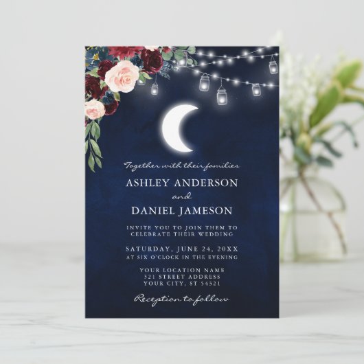 Celestial Moon Burgundy Floral Jar Lights Wedding Einladung (Stehend Vorderseite)