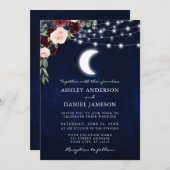 Celestial Moon Burgundy Floral Lights Hochzeit Einladung (Vorne/Hinten)