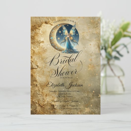 Celestial Moon Fairy Old Gold Bridal Shower Einladung (Stehend Vorderseite)