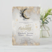 Celestial Moon Feather Gold Stars Wasserfarbe Einladung (Stehend Vorderseite)