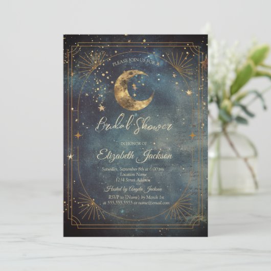 Celestial Moon Frame Dark Galaxy Sky Bridal Shower Einladung (Stehend Vorderseite)