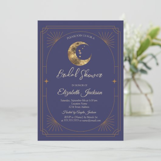 Celestial Moon Frame Violet Bridal Shower Einladung (Stehend Vorderseite)