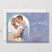 Celestial Moon Galaxy Whimsical Foto Hochzeit Save The Date (Vorderseite)