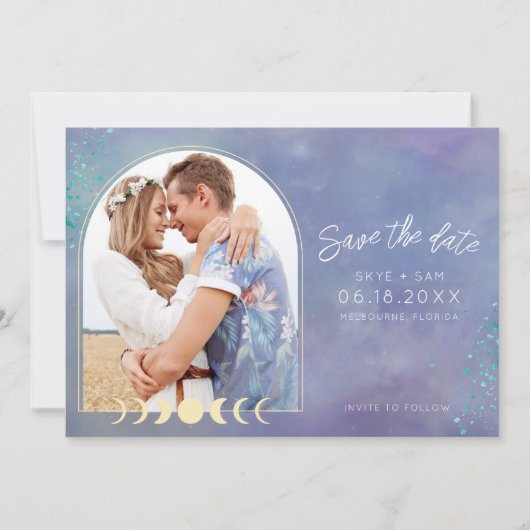 Celestial Moon Galaxy Whimsical Foto Hochzeit Save The Date (Vorderseite)