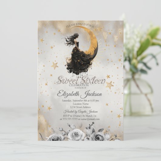 Celestial Moon Girl Blume Sterne Süß 16 Einladung (Stehend Vorderseite)