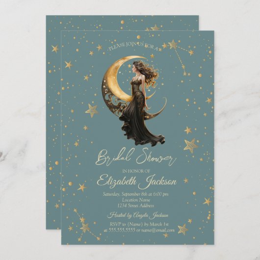 Celestial Moon Girl Stars Mint Green Brautparty Einladung (Vorne/Hinten)