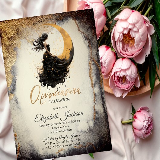 Celestial Moon Girl Watercolor Gold Quinceanera Einladung