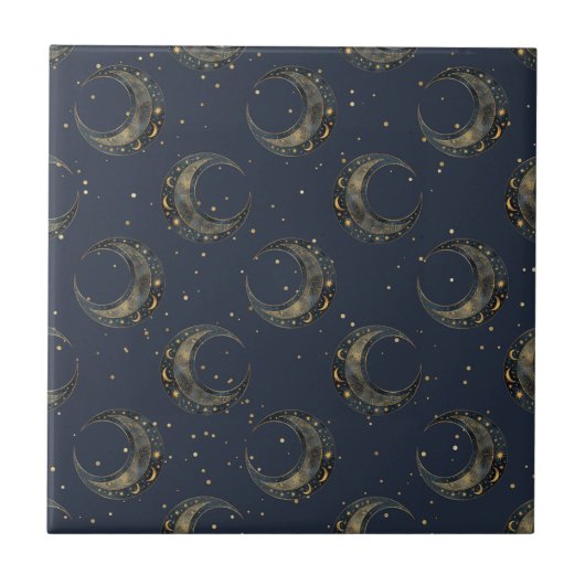 Celestial Moon Gold Starry Night Pattern (1) Fliese (Vorderseite)