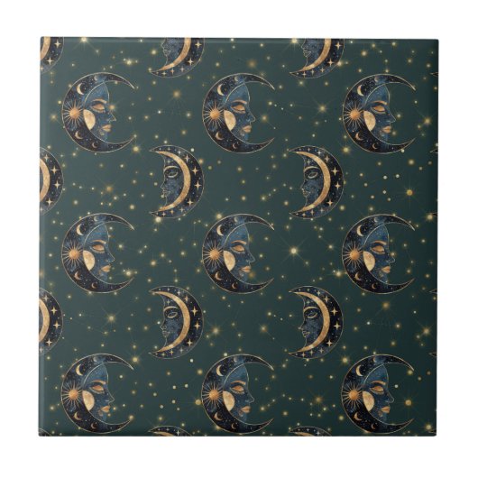 Celestial Moon Gold Starry Night Pattern (2) Fliese (Vorderseite)