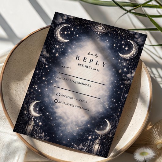 Celestial Moon Gothic Wedding RSVP Karte