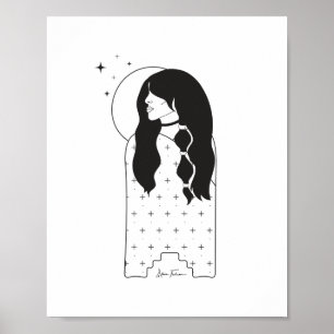 Celestial Moon Maiden Black and White Print Poster