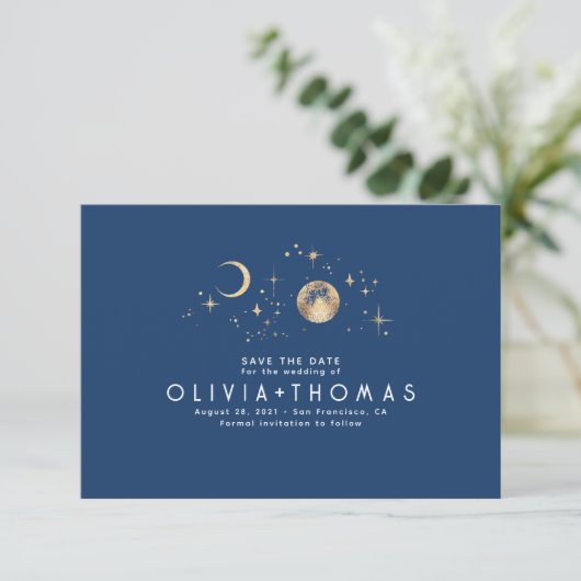 Celestial Moon Navy Blue Save the Date (Stehend Vorderseite)