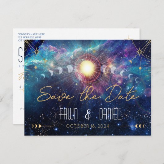 Celestial Moon Phase Save the Date Postkarte (Vorne/Hinten)