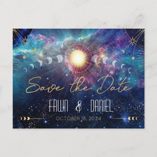 Celestial Moon Phase Save the Date Postkarte (Vorderseite)