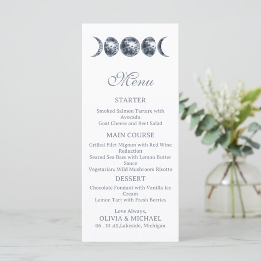 Celestial Moon Phases Boho Editable Wedding Menu Menükarte (Stehend Vorderseite)