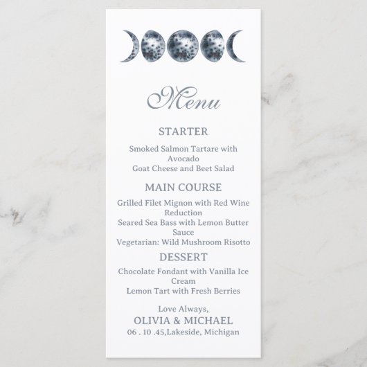Celestial Moon Phases Boho Editable Wedding Menu Menükarte (Vorderseite)