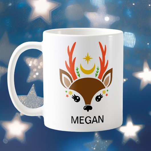 Celestial Moon & Star Reindeer Face Holiday Kaffeetasse