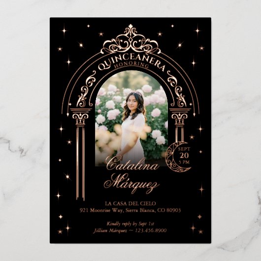 Celestial Moon Star Tiara Arch Foto Quinceañera Folieneinladung (Vorderseite)