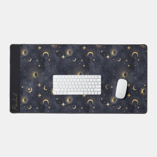 Celestial Moon Stars Blue and Gold Monogram Name Schreibtischunterlage (Tastatur & Maus)
