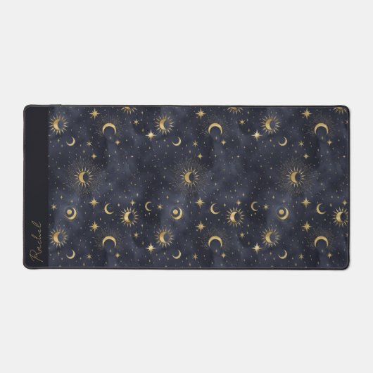 Celestial Moon Stars Blue and Gold Monogram Name Schreibtischunterlage (Vorderseite)