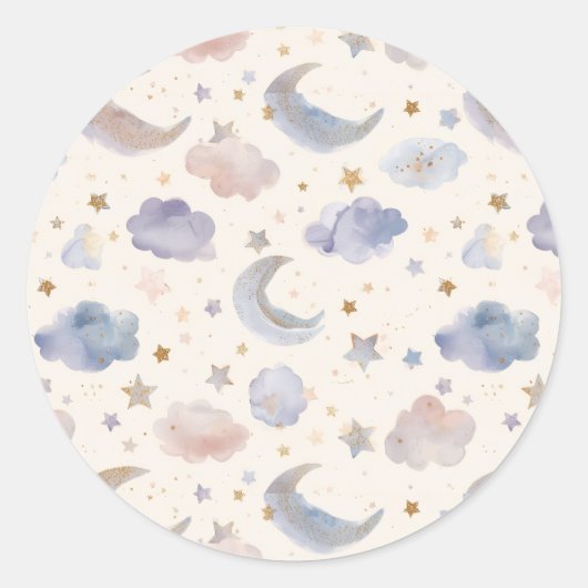 Celestial Moon Stars Clouds Pastel Lavender Runder Aufkleber (Vorderseite)