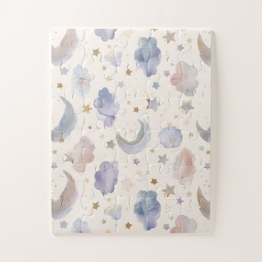 Celestial Moon Stars Clouds Watercolor Pastels Puzzle (Vertikal)