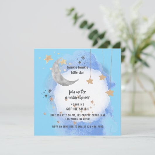 Celestial Moon Stars, Dark Blue And Gold Einladung (Stehend Vorderseite)