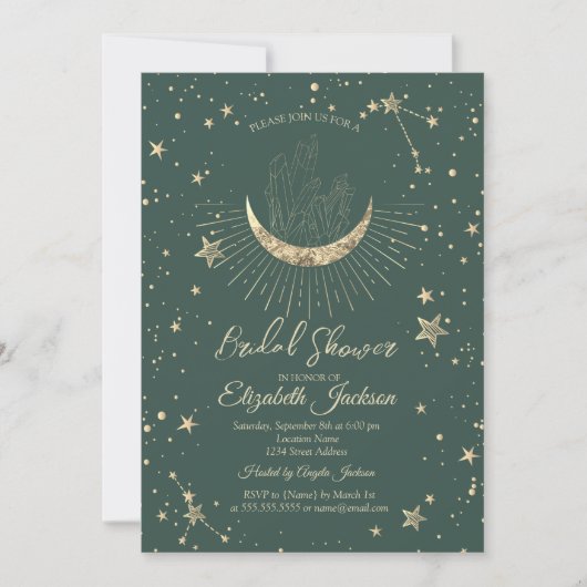 Celestial Moon,Stars Diamond Green Bridal Shower Einladung (Vorderseite)