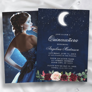 Celestial Moon Stars Floral Foto Quinceanera Einladung