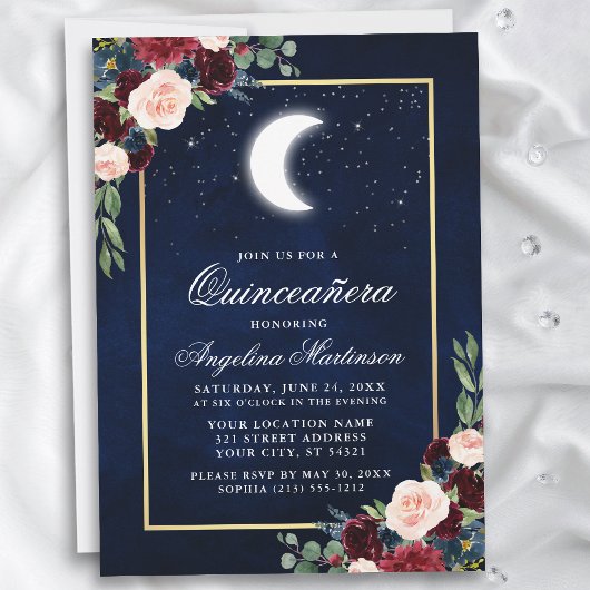 Celestial Moon Stars Floral Gold Quinceanera Einladung