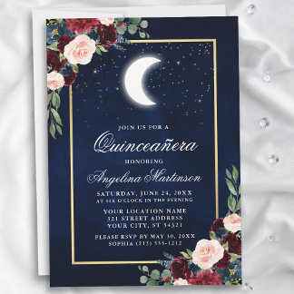 Celestial Moon Stars Floral Gold Quinceanera Einladung