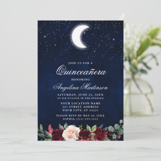 Celestial Moon Stars Floral Quinceanera Einladung (Stehend Vorderseite)