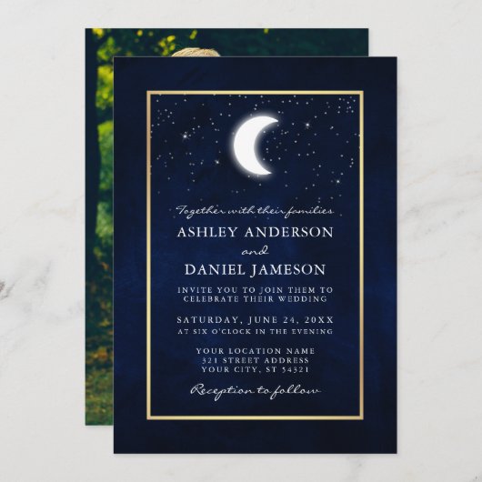 Celestial Moon Stars Foto Gold Frame Wedding Einladung (Vorne/Hinten)