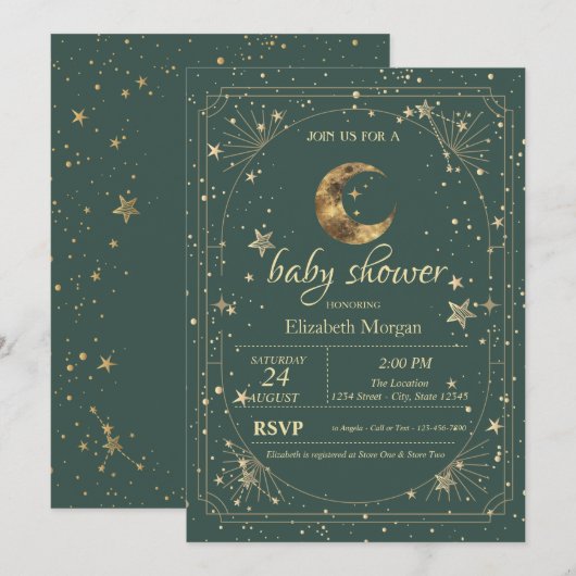 Celestial Moon Stars Frame Green Einladung (Vorne/Hinten)