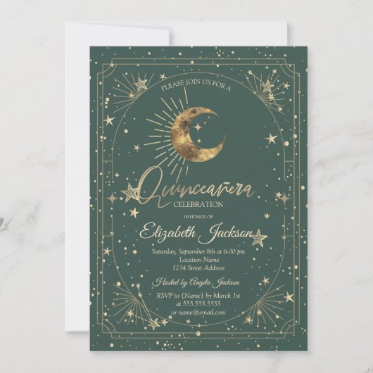 Celestial Moon Stars Frame Quinceanera Einladung (Vorderseite)