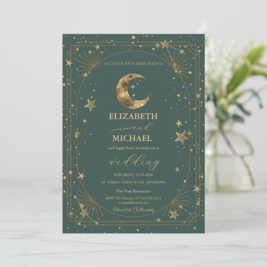 Celestial Moon Stars Frame Wedding Einladung (Stehend Vorderseite)