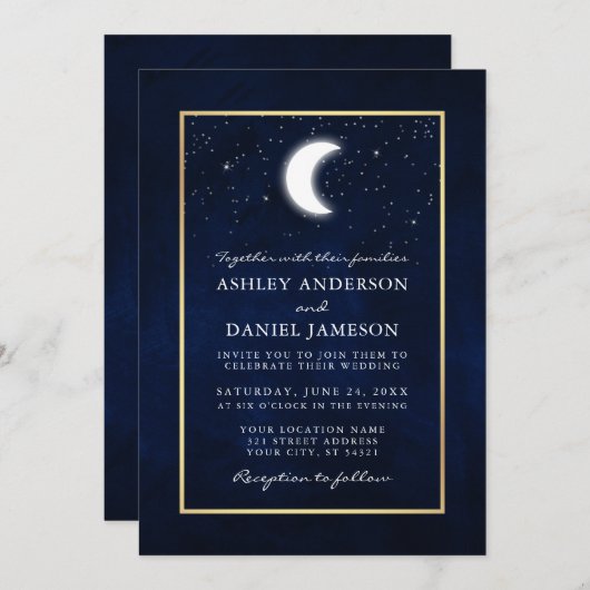 Celestial Moon Stars Gold Foto Wedding Einladung (Vorne/Hinten)