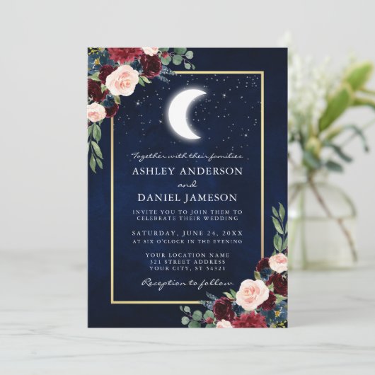 Celestial Moon Stars Gold Wedding Einladung (Stehend Vorderseite)
