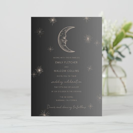 Celestial Moon Stars Hochzeit Einladung (Stehend Vorderseite)