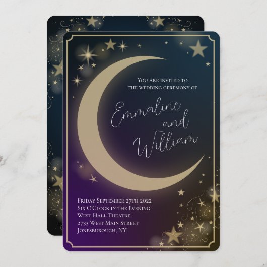 Celestial Moon Stars Hochzeiten Lila Blue Dark Einladung (Vorne/Hinten)