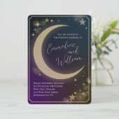 Celestial Moon Stars Hochzeiten Lila Blue Dark Einladung (Stehend Vorderseite)