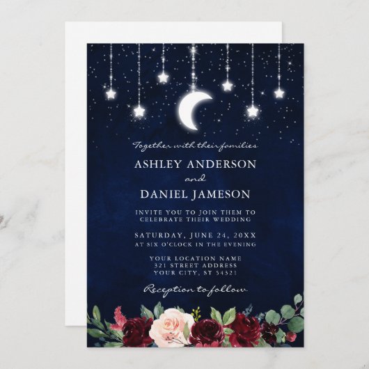 Celestial Moon Stars Lights Floral Foto Hochzeit Einladung (Vorne/Hinten)