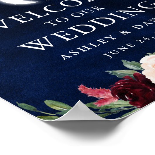 Celestial Moon Stars Lights Floral Wedding Willkom Poster (Ecke)