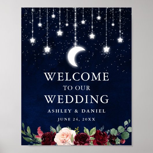 Celestial Moon Stars Lights Floral Wedding Willkom Poster (Vorne)