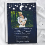 Celestial Moon Stars Lights Foto Wedding Einladung<br><div class="desc">Hochzeitseinladung am Himmel. Wasserfarbener Nachthimmel mit Sternen,  Mond und Saitenleuchten. Ein paar Fotos.</div>